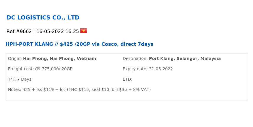 HOT Services - HPH-PORT KLANG // $425 /20GP via Cosco, direct 7days