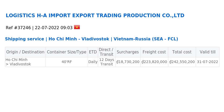 Shipping service | Ho Chi Minh - Vladivostok | Vietnam-Russia (FCL)