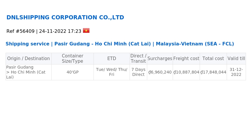 Shipping service | Pasir Gudang - Ho Chi Minh (Cat Lai) | Malaysia ...