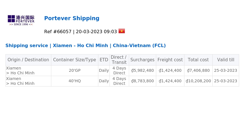 Shipping service | Xiamen - Ho Chi Minh | China-Vietnam (FCL)