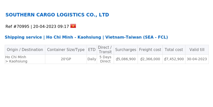 Shipping service | Ho Chi Minh - Kaohsiung | Vietnam-Taiwan (FCL)